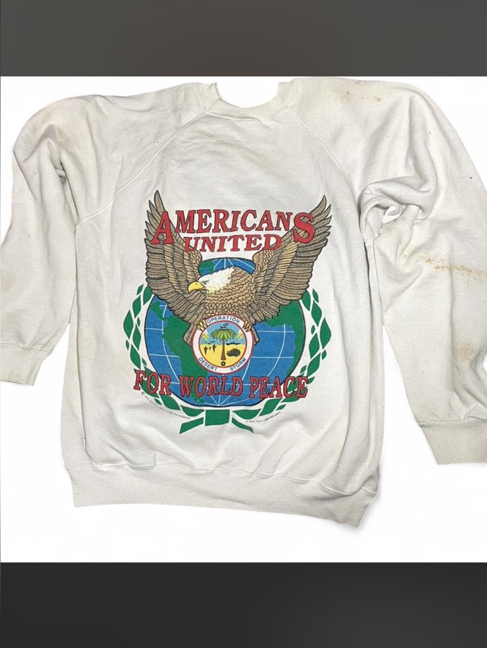 Vintage  Distressed Americans United For World Peace Graphic Sweatshirt 1991